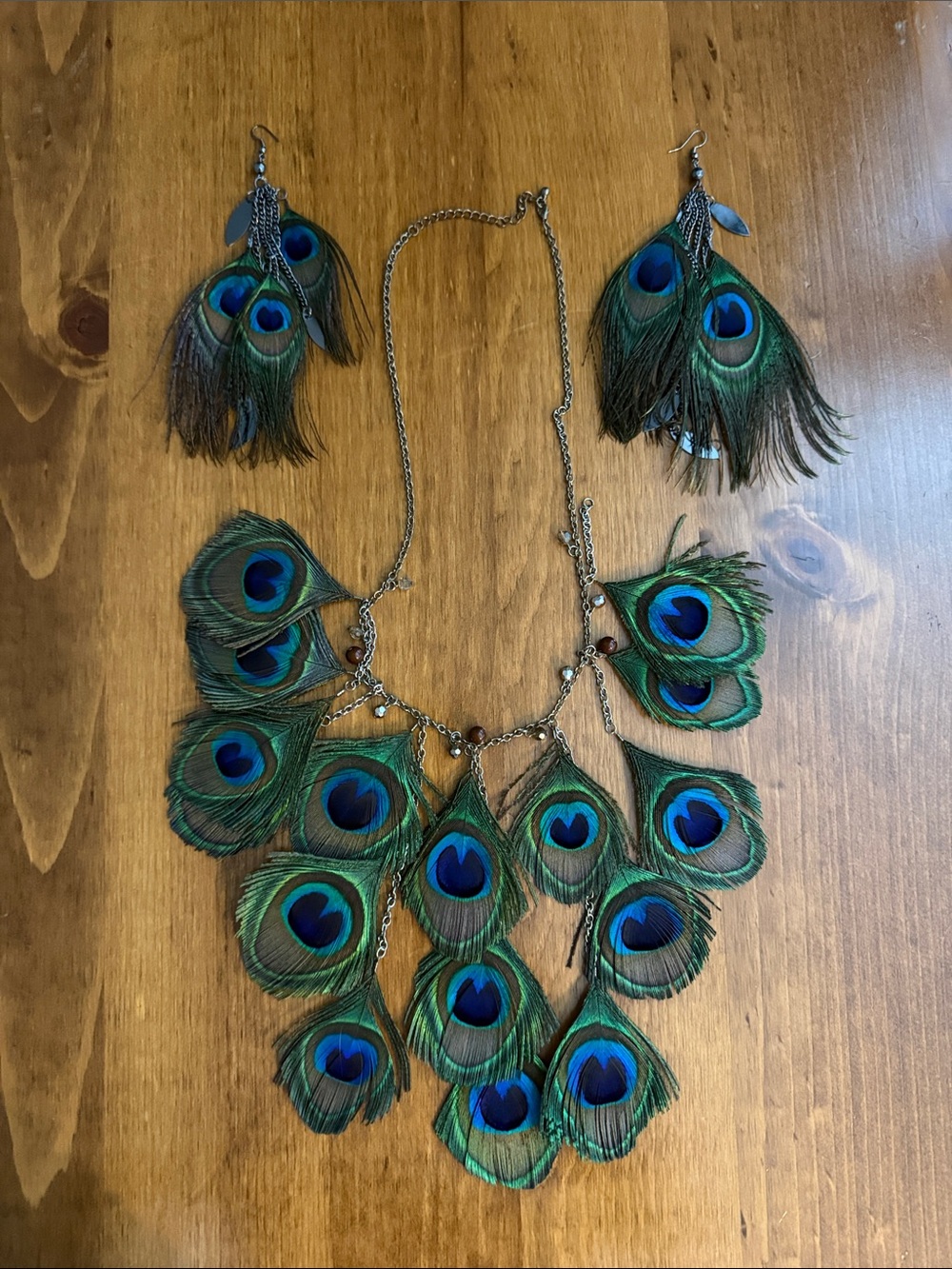 Peacock Feather Statement Necklace & Earrings Jewelry Set
